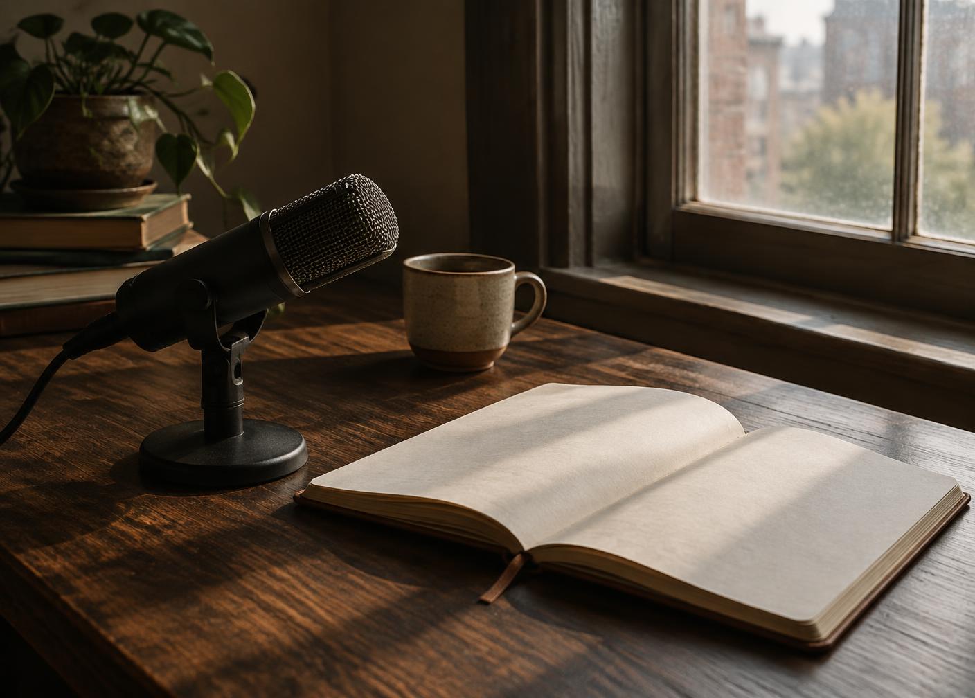 A microphone and open notebook on a wooden table in soft morning light